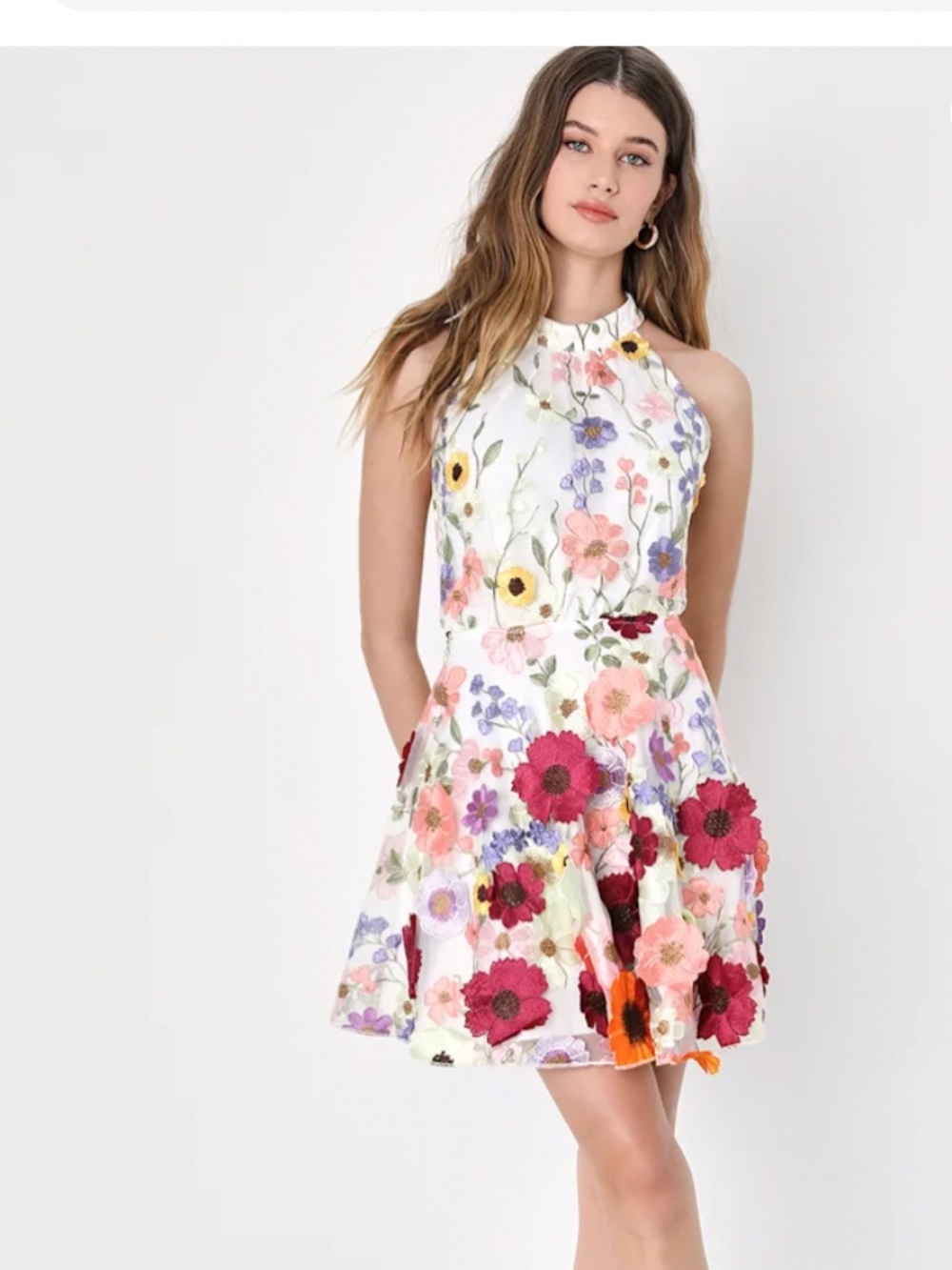 Blooming Bliss Ivory 3D Floral Embroidered Halter Mini Dress Size small - Picture 1 of 11